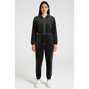 Y2K Juicy Couture Women Hooded Medium Jumpsuit Velour Black Tracksuit One Piece